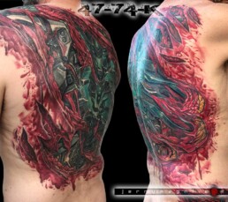 Side View of a Biomech Tear tattooed on a back. Masterful work from one of the best tattoo artist: Jerry Magni.