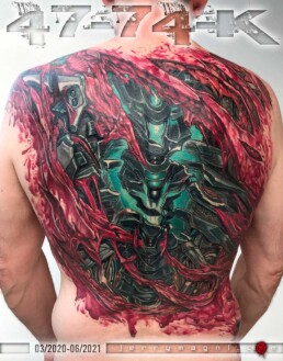 Biomech Tear tattooed on a back. Masterful work from one of the best tattoo artist: Jerry Magni.