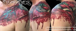 Side View of a Biomech Tear tattooed on a back. Masterful work from one of the best tattoo artist: Jerry Magni.
