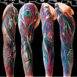 tatuaggio biomeccanico a colori a tutta manica eseguito magistralmente dal miglior tatuatore italiano Jerry Magni. Bergamo, Milano, Brescia, Como, Lecco, Varese, Novara, Vicenza, Crema, Cremona