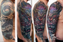 Quarta seduta Copertura di un orribile tatuaggio con uno nuovo, drago rosso con bocca aperta e corna. Jerry Magni Tattoo Artist. Miglior tatuatore Milano, Bergamo, Brescia, Lugano