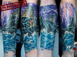 Fourth Sitting Full colour tattoo, mythology, Zeus, Olimpus, thunderstorm, space, universe, sea storm, light, anger. Jerry Magni Tattoo Artist. Italy, Milan, Bergamo, best artist
