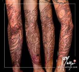 first sitting Biomech bio organic full sleeve and part of the neck tattoo. Abstract shapes with scales and stings in which there are a human blue eye and a snake eye. The background is done with orange, purple and red color. Done by by the best tattoo artist Jerry Magni, Bergamo, Milan, Lugano, Italy.