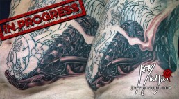 Twentyseventh sitting Biomech and oriental tattoo jacket, metal parts, cherry flowers and waves all over the sleeves, back and torso. Jerry Magni Tattoo Artist Bergamo, Milan, Italy