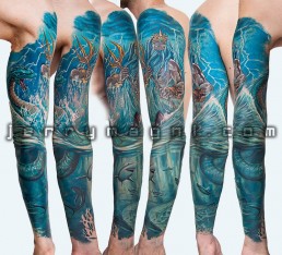 Fifth Sitting Full color tattoo sleeve, Poseidon, Hydra, sharks, under the sea, sea storm, blue color, ancient gods, mythology. Original tattoo by Jerry Magni Tattoo Artist, Milano, Bergamo, Lugano, Italy
