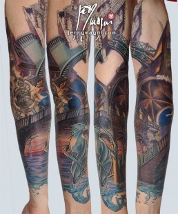 Seventh sitting full sleeve color architectural tattoo inspired to the homonym M. C. Escher artwork. Venetian environment, with a typical Jerry Magni cat. Tattoo Artist, Bergamo, Italy, Milano, Brescia, migliore, Crema, Lombardia, provincia, Lecco, Como, Lugano,