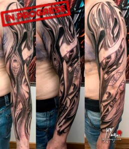 first sitting of a colour biomech tattoo sleeve