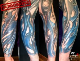 Third sitting of a colour biomech tattoo sleeve