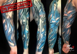 Fourth sitting of a colour biomech tattoo sleeve