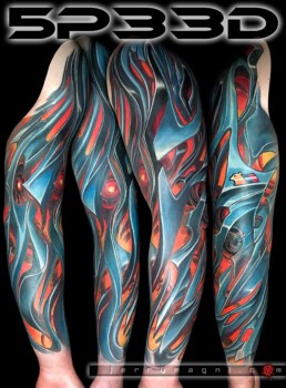 Beautiful coloured biomech tattoo sleeve, masterfully done by the best biomech tattoo artist in Italy and among the best in Europe.