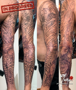 biomech full sleeve tattoo, first sitting. ©Jerry Magni
