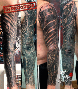 biomech full sleeve tattoo, third sitting. ©Jerry Magni