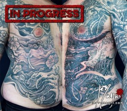 Twentyninth and thirtyeth sitting Biomech and oriental tattoo jacket, metal parts, cherry flowers and waves all over the sleeves, back and torso. Jerry Magni Tattoo Artist Bergamo, Milan, Italy