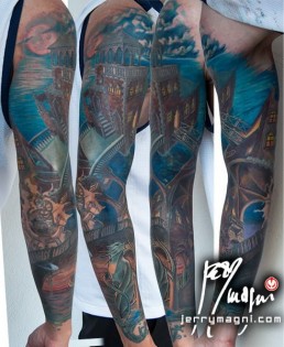Ninth sitting full sleeve color architectural tattoo inspired to the homonym M. C. Escher artwork. Venetian environment, with a typical Jerry Magni cat. Tattoo Artist, Bergamo, Italy, Milano, Brescia, migliore, Crema, Lombardia, provincia, Lecco, Como, Lugano,