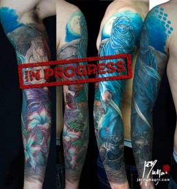 Nona seduta Tatuaggio a colori, manica intera, tuareg, beduino, odalisca, teschio , rosa del desterto, tenda, vassoio, teiera, bicchieri, scorpione, spada, notte, blu, unico e originale, disegnato appositamente per il cliente da Jerry Magni, miglior tatuatore a Bergamo, Milano, Brescia, e provincia, Lecco, Como, Lugano