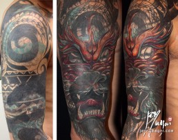 Seconda seduta Copertura di un orribile tatuaggio con uno nuovo, drago rosso con bocca aperta e corna. Jerry Magni Tattoo Artist. Miglior tatuatore Milano, Bergamo, Brescia, Lugano