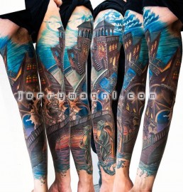 Tenth sitting full sleeve color architectural tattoo inspired to the homonym M. C. Escher artwork. Venetian environment, with a typical Jerry Magni cat. Tattoo Artist, Bergamo, Italy, Milano, Brescia, migliore, Crema, Lombardia, provincia, Lecco, Como, Lugano,