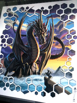 a huge dragon looking placed on a peack looking at a tiny knight at sunset.