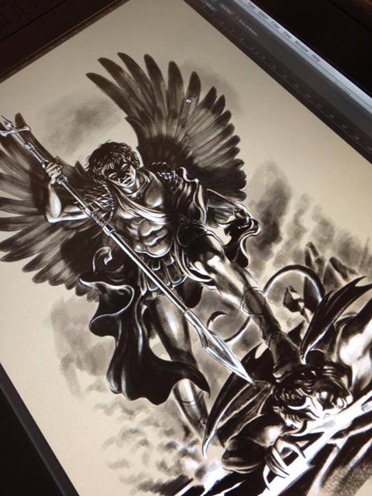 Disego digitale per tatuaggio in bianco e nero. Arcangelo Michele, satana, inferi, demoni, fiamme, dannazione, rivincita, angelo, tatuaggio religioso. Jerry Magni Tattoo Artist, La Decima Arte Tattoo, Bergamo, Milano, Brescia, Como, Lecco, Como, Monza, Lombardia, miglior tatuatore, bei tatuaggi, belli