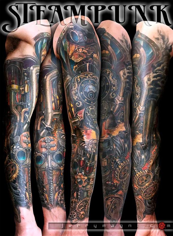 Biomechanical steampunk-themed color tattoo featuring a cat operating a steam-powered machine filled with intricate gears, also including a mechanical interpretation of a plague doctor’s mask. Masterfully executed by Jerry Magni, the top Italian tattoo artist in this genre