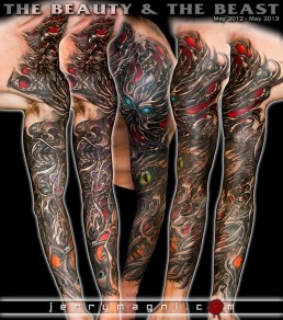 Biomech bio organic full sleeve and part of the neck tattoo. Abstract shapes with scales and stings in which there are a human blue eye and a snake eye. The background is done with orange, purple and red color. Done by by the best tattoo artist Jerry Magni, Bergamo, Milan, Lugano, Italy.