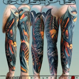 Full color biomech tattoo sleeve. Light blue metal parts as a shield for a sort of spine running inside the arm and a sort of bone structure over the forearm. Masterfully done by by the best tattoo artist Jerry Magni, Bergamo, Milan, Lugano, Italy.
