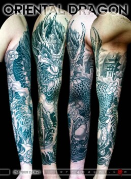 Tatuaggio tutta manica in bianco e nero, contenente un drago orientale giapponese, tra gli artigli tiene un teschio, intorno fiori di ciliegio, onde e sullo sfondo un tempio. realizzato dal miglior tatuatore italiano, Jerry Magni, Bergamo, Milano, Brescia, Como, Lecco, Mantova, Crema, Cremona.