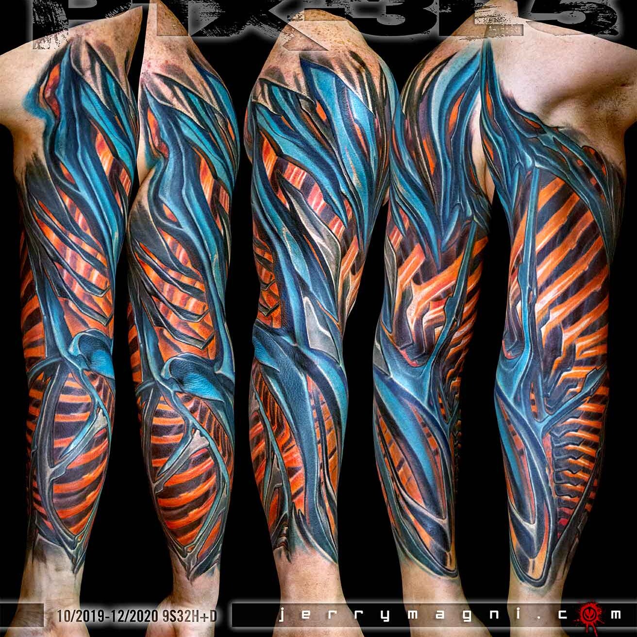Tatuaggio biomeccanico a tutta manica a colori realizzato dal miglior tatuatore Jerry Magni, Bergamo, Milano, Crema, Cremona, Lecco, Como, Varese, Mantova, Brescia, Torino, Novara, Verona, Bologna.