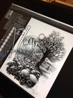 Postproduction design for Black and grey full sleeve tattoo. A graveyard covered with skull from which rises a majestic olive tree. in the foreground there are a few tombstone. the artwork is completed by clouds at the horizon, above them a full moon on which there are clock arms pointing five minutes to midnight. Outstanding piece of art, masterfully done by by the best tattoo artist Jerry Magni, Bergamo, Milan, Lugano, Italy.