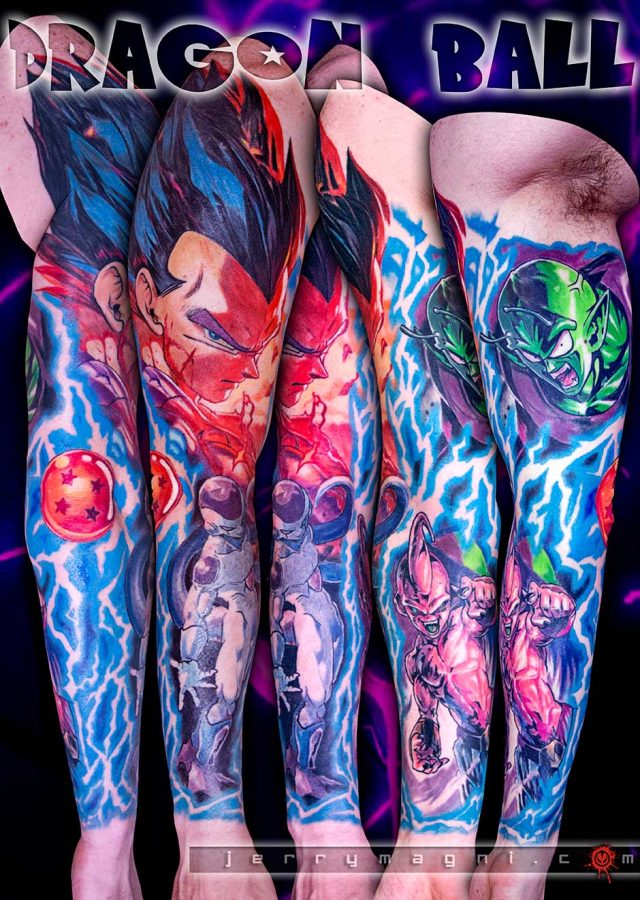 Full-sleeve color tattoo dedicated to the animated series Dragon Ball. It features characters like Vegeta, Piccolo, Kid Buu, and Frieza, interspersed with lightning bolts. On the elbow, the iconic star-filled dragon ball from the series. Masterfully executed by top Italian tattoo artist Jerry Magni. Bergamo, Milano, Como, Varese.