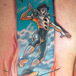 Pierrot the clown walking on a cord over the flames beatifully rendered by the best tattoo artist Jerry Magni from one of his own original drawings. Milano, Bergamo, Italy, Lugano