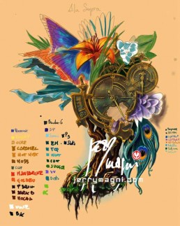 Disegno per Mezza manica tatuata a colori. Orologio, radici, fiori, ali di farfalla, occhio, piume di pavone, cavaliere, porta. Jerry Magni Tattoo Artist