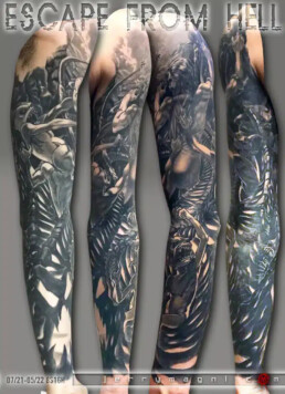 Black and grey tattoo sleeve of a man trying to escape from a dark well where a monster with long tentacles and little demons are trying to stop the man from escaping. Masterfully done by Jerry Magni, one of the best Italian tattoo artist.