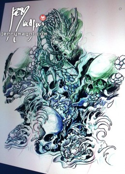 Design for Black and grey Japanese style full sleeve tattoo with skulls, cherry flowers, waves and a big dragon that takes half of the sleeve. done by the best tattoo artist Jerry Magni, Bergamo, Milan, Lugano, Italy.