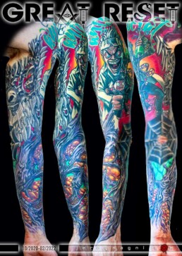 Manica a colori con biomeccanico sull'avambraccio, un altro biomeccanico all'interno del braccio e uno scienziato pazzo su braccio e spalla. Realizzato dal miglior tatuatore italiano Jerry magni. Como, Bergamo, Milano, Lecco, Varese, Crema, Cremona, Novara, Brescia