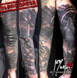 third sitting of a black and grey tattoo sleeve