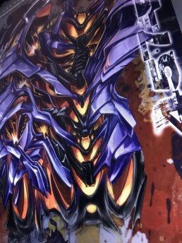 Design for Full color biomech sleeve tattoo. Orange, purple and yellow colors. Alien metal parts intersects on the arm with yellow lights coming from the inside. Done by by the best tattoo artist Jerry Magni, Bergamo, Milan, Lugano, Italy