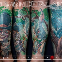 Tattoo cartoon style with realistic coloring inspired to Alice in wonderland, the mad hatter with a cup o tea, the white rabbit with his hand clock and in the background between the leaves of a tree there’s the Cheshire cat. beautifully performed by the best tattoo artist Jerry Magni, Italy, Milan, Bergamo, Lugano.