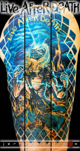half sleeve colour tattoo depicting the cover Live After Death from the heavy metal band Iron Maiden