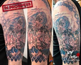 first sitting of a half sleeve colour tattoo depicting the cover Live After Death from the Iron Maiden