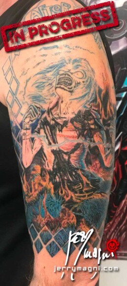 second sitting of a half sleeve colour tattoo depicting the cover Live After Death from the Iron Maiden