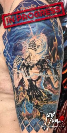 third sitting of a half sleeve colour tattoo depicting the cover Live After Death from the Iron Maiden