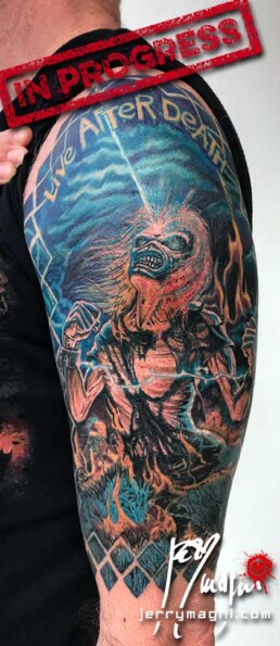 fourth sitting of a half sleeve colour tattoo depicting the cover Live After Death from the Iron Maiden