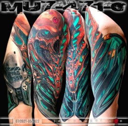 mezza manica copertura Biomeccanica realizzata da Jerry Magni, uno dei migliori tatuatori italiani. Bergamo, Milano, Como, Lecco, Brescia, Varese, Vicenza, Verona, Lombardia