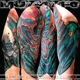 mezza manica copertura Biomeccanica realizzata da Jerry Magni, uno dei migliori tatuatori italiani. Bergamo, Milano, Como, Lecco, Brescia, Varese, Vicenza, Verona, Lombardia