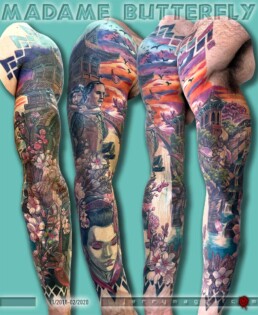Una manica tatuata a colori con tanti fiori di ciliegio a unire gli elementi disegnati, tra cui il viso di una bella geisha, un laghetto con cascate d'acqua che passano sotto dei ponti che collegano piccoli templi orientali. Un samurai con un bambina sulla schiena osserva la scena e alle sue spalle uno splendido tramonto. Capolavoro tatuato dal miglior tatuatore italiano Jerry Magni, Como, Milano, Bergamo, Brescia, Varese, Mantova, Verona, Crema, Lecco.