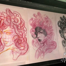 Disegno preparatorio per tatuaggio di una bellissima Medusa, dea della mitologia greco romana. realizzato in modo magistrale da Jerry Magni, miglior tatuatore, Bergamo, Milano, Brescia, Lugano, Mantova, Lecco, Como, provincia