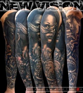 Black and grey tattoo sleeve depicting a woman with a blindfold over one eye, a clock resting on roses on the forearm, a dove flying in the sky inside the arm, and broken glass at the base of the wrist. Masterfully executed by one of the best Italian tattoo artists.