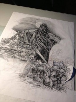 Disegno a matita per Tatuaggio a colori, manica intera, tuareg, beduino, odalisca, teschio , rosa del desterto, tenda, vassoio, teiera, bicchieri, scorpione, spada, notte, blu, unico e originale, disegnato appositamente per il cliente da Jerry Magni, miglior tatuatore a Bergamo, Milano, Brescia, e provincia, Lecco, Como, Lugano