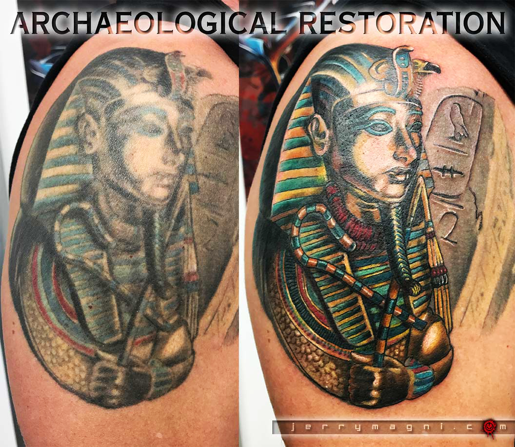 Restoration of a 10 years old realistic color tattoo of Tutankhamon sarcophagus, masterfully executed by Jerry Magni, one of the best Italian tattoo artists.